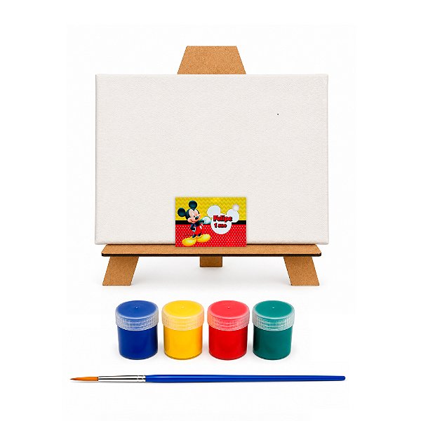 AL135 - Kit Pintura com Tela 20 x 15, Cavalete mdf, 4 Tintas e Pincel - Tema Turma do Mickey