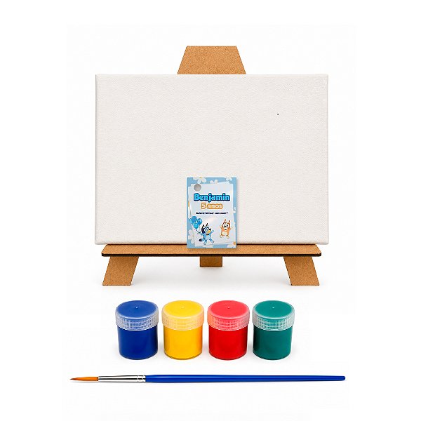 AL135 - Kit Pintura com Tela 20 x 15, Cavalete mdf, 4 Tintas e Pincel - Tema Bluey