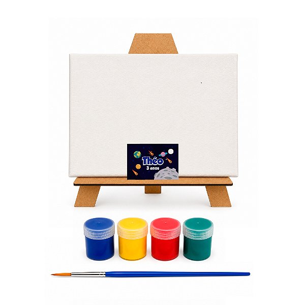 AL135 - Kit Pintura com Tela 20 x 15, Cavalete mdf, 4 Tintas e Pincel - Tema Astronauta