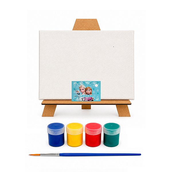 AL135 - Kit Pintura com Tela 20 x 15, Cavalete mdf, 4 Tintas e Pincel - Tema Frozen