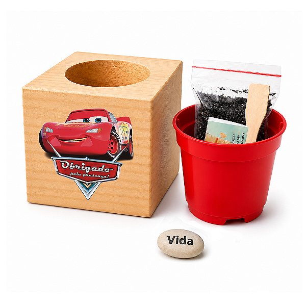 AL140 - Lembrancinha Kit Cultivo com Cachepo em Pinus Personalizado com Dtf - Tema Carros