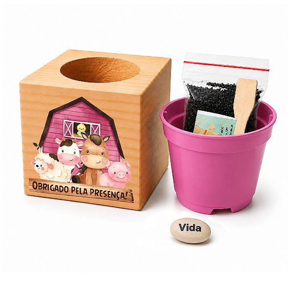 AL140 - Lembrancinha Kit Cultivo com Cachepo em Pinus Personalizado com Dtf - Tema Fazendinha