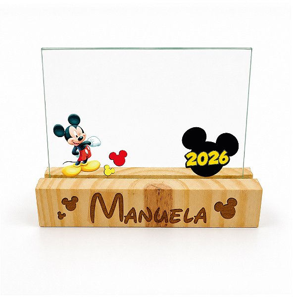 Porta-Retrato Personalizado com Base em Pinus e Vidro Duplo - Tema Mickey