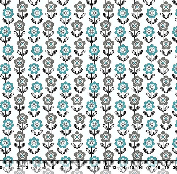 Tecido Tricoline Listras de Flores Azuis