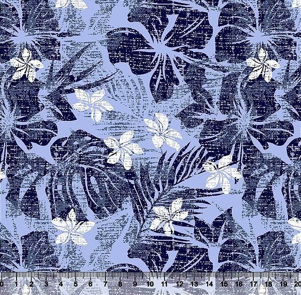 Tecido Tricoline Flores e Folhas Azul