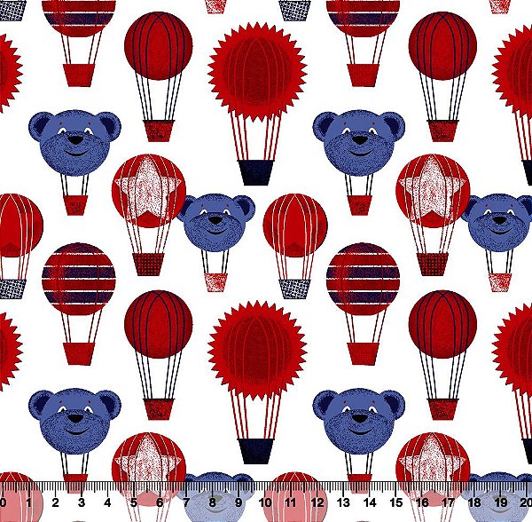 Tecido Tricoline Balão de Urso Vermelho e Azul