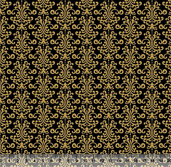 Tecido Tricoline Arabesco Minimalista Dourado Fundo Preto