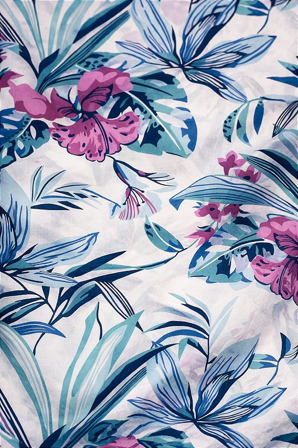 Tecido Percal 100% Algodão Estampado Floral Azul com rosa