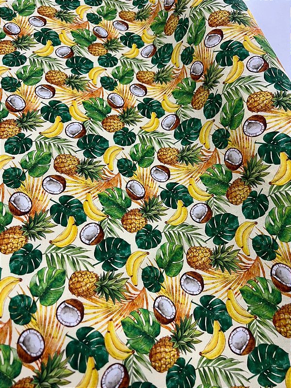 Tecido Tricoline Estampado 100% algodão Digital Abacaxi com coco