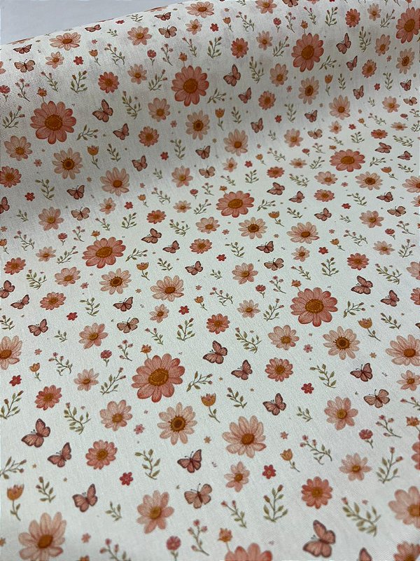Tecido Tricoline Estampado 100% algodão Digital Florzinha fundo bege