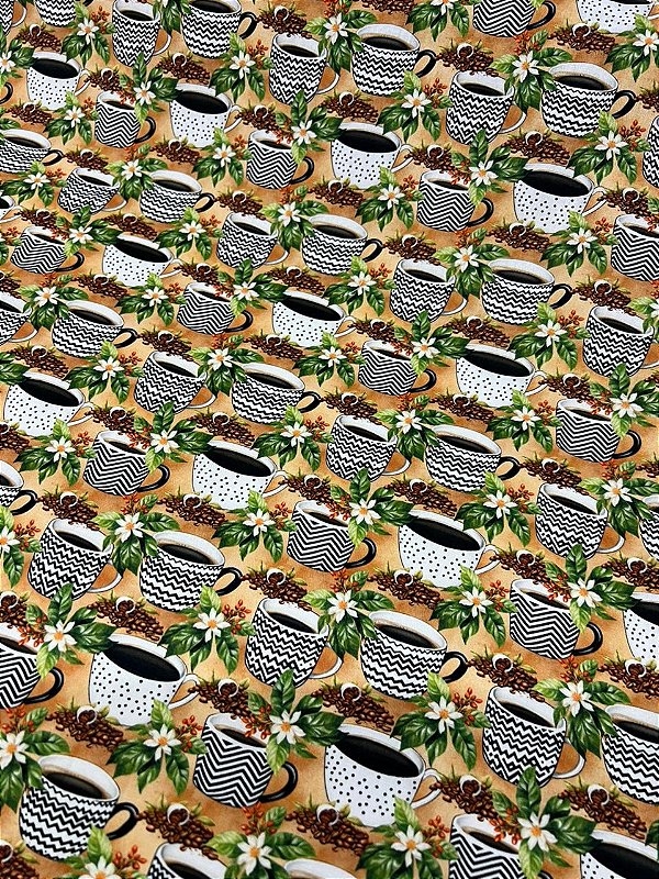 Tecido Tricoline Estampado 100% algodão Digital Xicaras Com Cafe