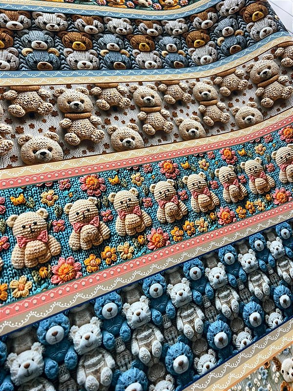 Tecido Tricoline Estampado 100% algodão Digital Barrado Ursinho