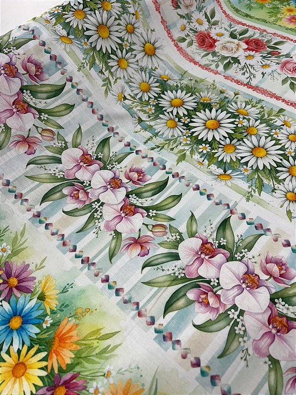 Tecido Tricoline Estampado 100% algodão Digital Barrado Floral