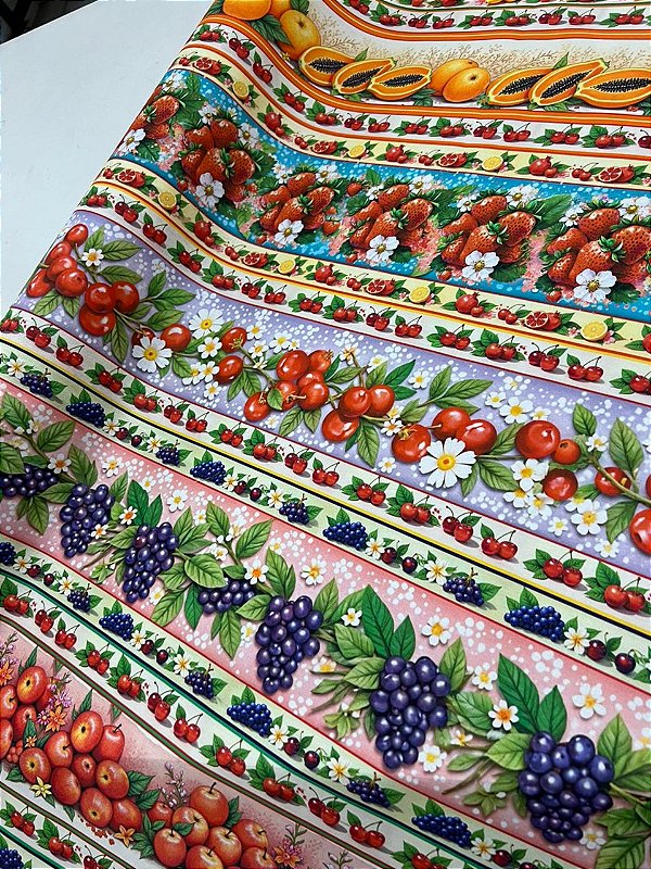 Tecido Tricoline Estampado 100% algodão Digital Barrado Frutas