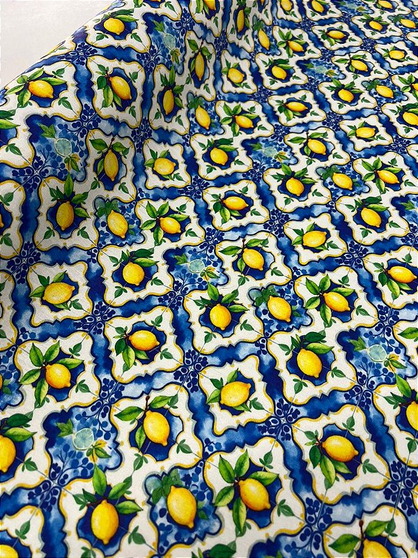 Tecido Tricoline Estampado 100% algodão Digital Limoes Sicilianos Fundo Azul