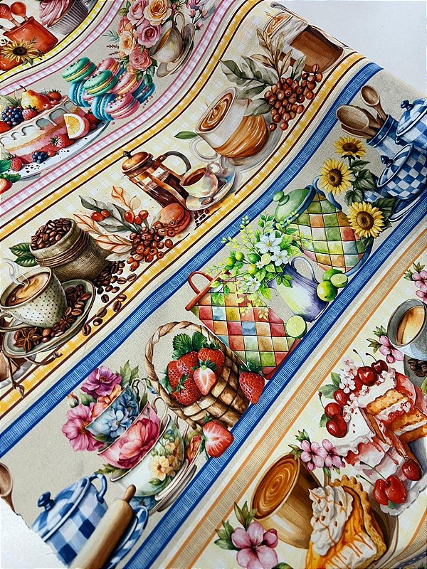 Tecido Tricoline Estampado 100% algodão Digital Barrado Cafe de manha