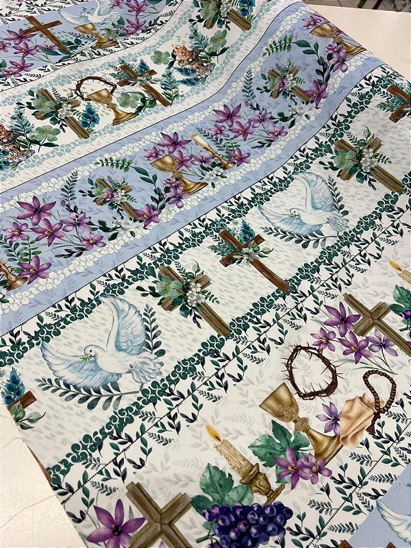 Tecido Tricoline Estampado 100% algodão Digital Barrado Religioso