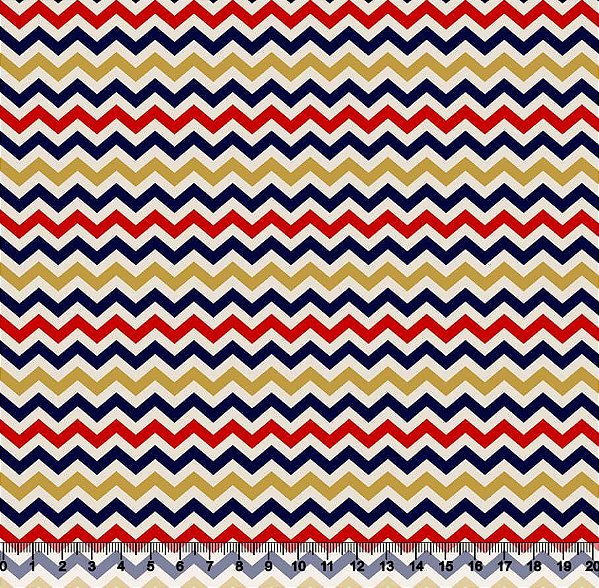 Tecido Tricoline Chevron Dourado, Azul Marinho e Vermelho