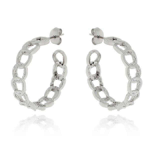 Brinco de argola médio com design de corrente grumet Ródio Branco