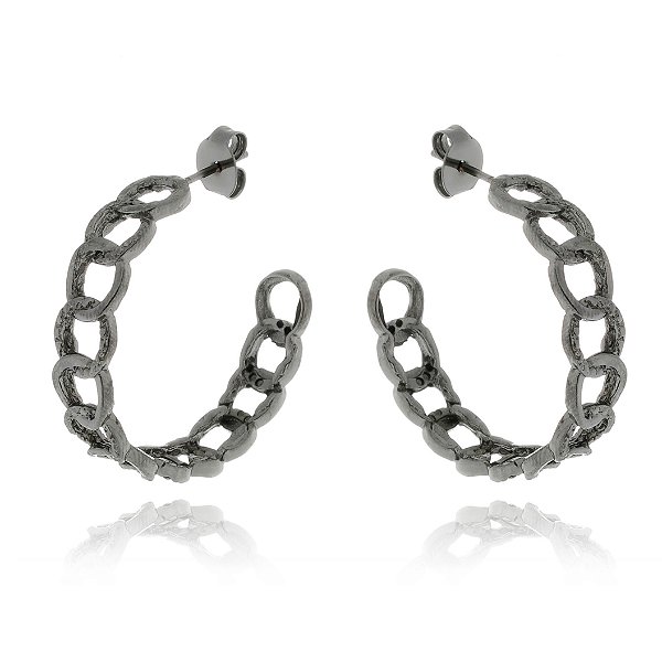 Brinco de argola médio com design de corrente grumet Ródio Negro