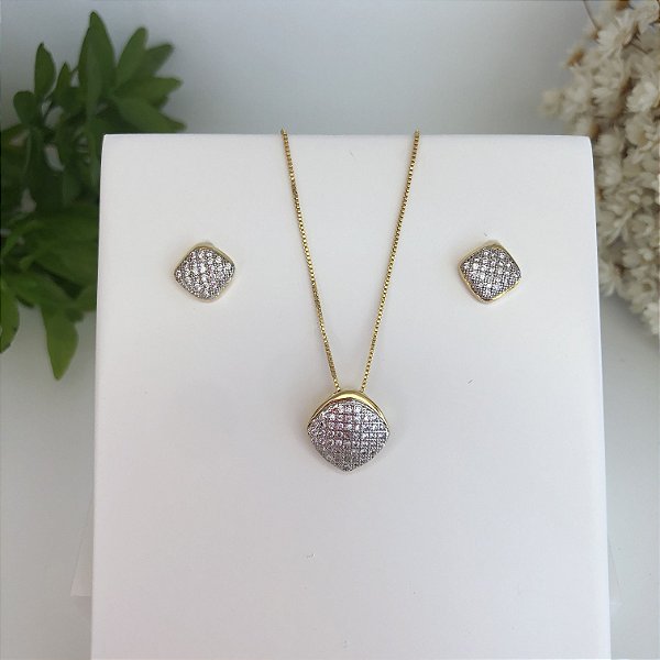 Conjunto Colar e Brinco Microzirconia Folheado em ouro 18k