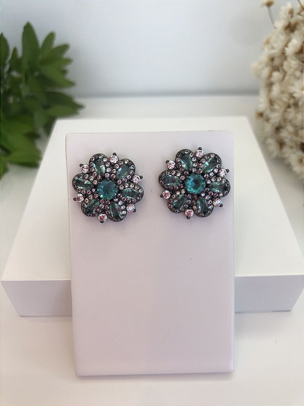 Brinco Verde Pequeno com Zirconias Ródio Negro