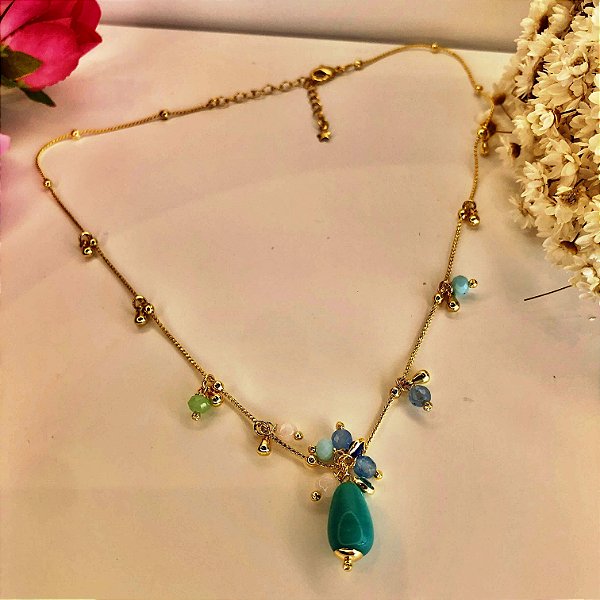 Colar com pedras tom Azul Folheado em Ouro 18k