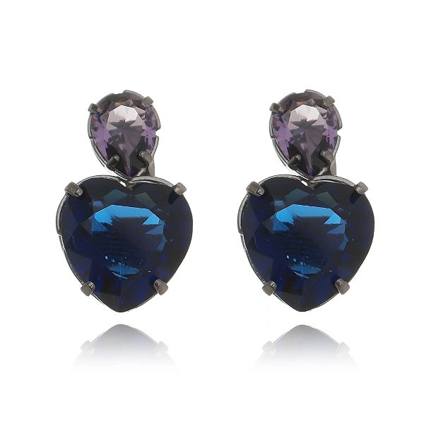 Brinco de coração pequeno azul e gotinha lavanda rodio negro