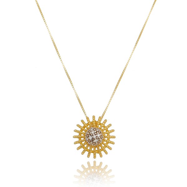Colar pingente redondo tipo pizza com zirconias folheado ouro 18 k