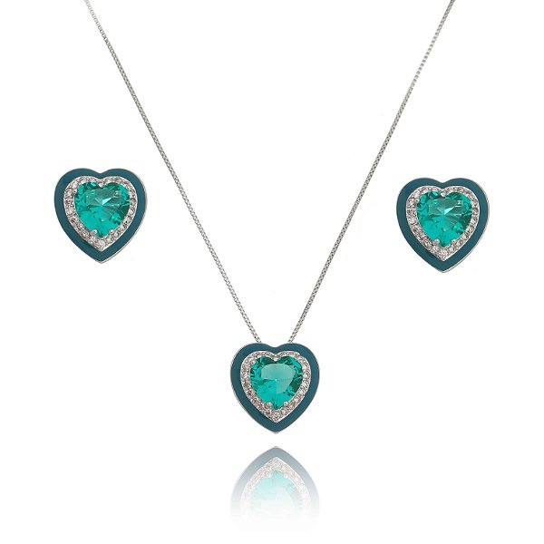 Conjunto coração esmaltado verde turmalina Ródio branco