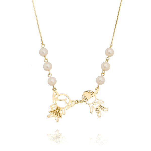 Colar casal filhos com pérola shell folheado a ouro 18k