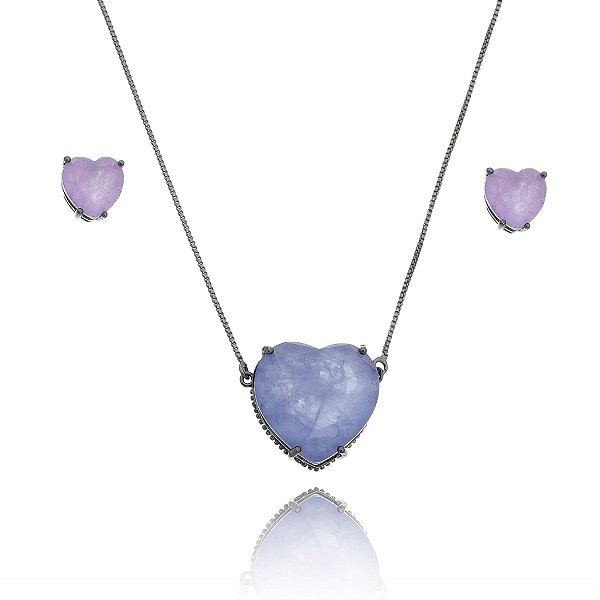 Conjunto colar e brincos de coração fusion roxo