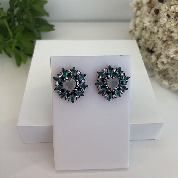 Brinco verde Pequeno Ródio Negro