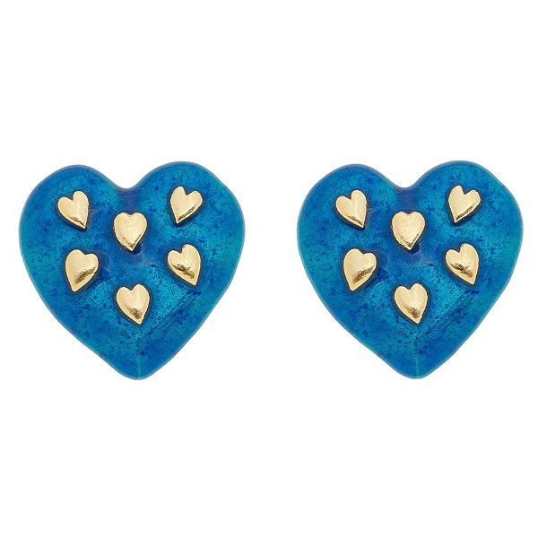 Brinco coração esmaltado azul folheado em ouro 18k