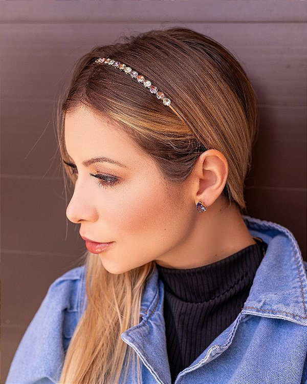 Tiara com Pedrarias Tons Aqua com Brinco gota Dourada