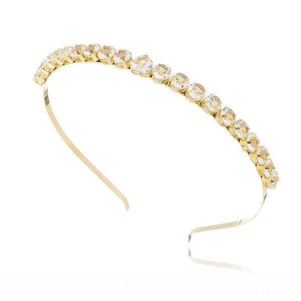 Tiara com Pedrarias Cristal e Coração com Brinco Dourada