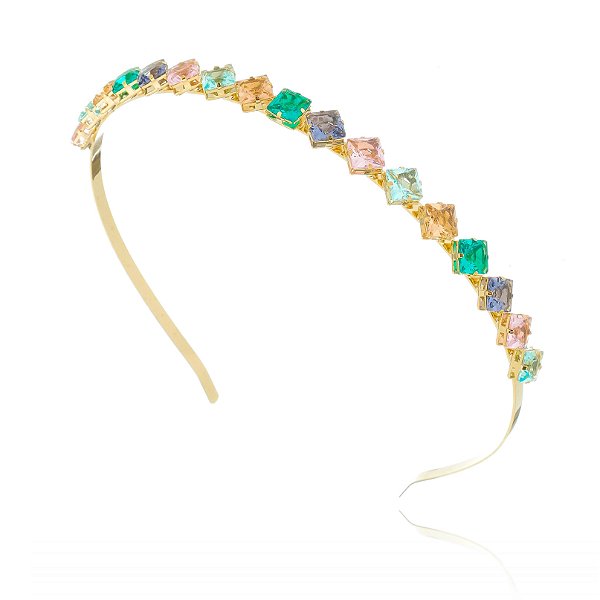 Kit Tiara com brinco de pedraria quadrada colorida Gold