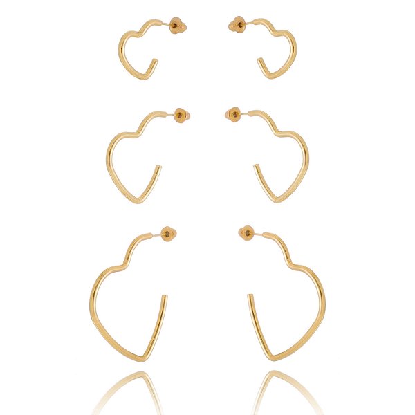 Trio Argolas de Coração folheado em ouro 18 k