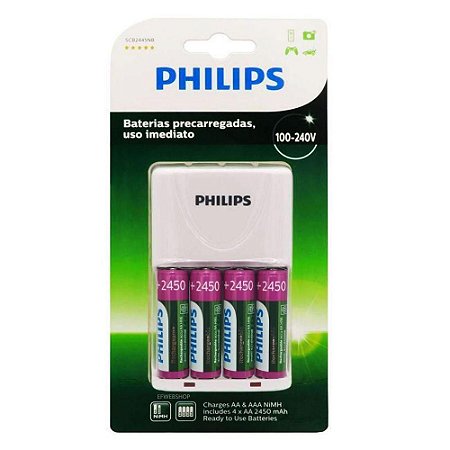 Carregador de Pilha Philips + 4 pilhas Recarregáveis