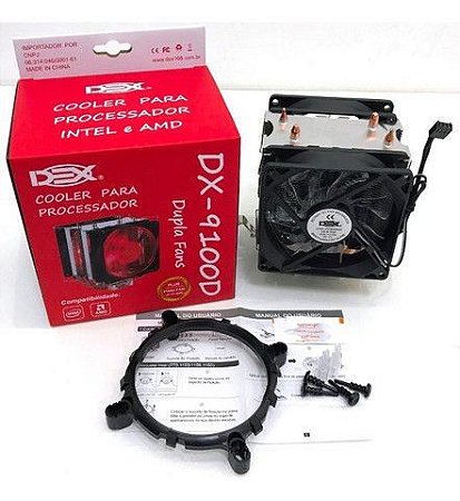 Cooler Para Processador DX-9100D Dupla Fans Led Vermelho