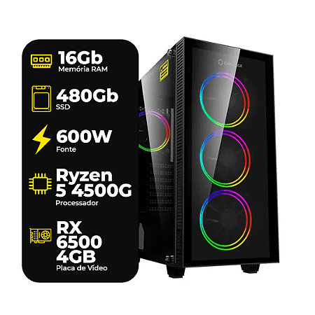 Computador Gamer, Ryzen 5 4500, AMD Radeon RX 6500 4GB, 16GB DDR4 3200MHz, SSD 480GB, Fonte 600W