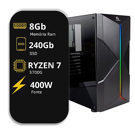Computador Gamer, Ryzen 7 5700G,8GB DDR4 3200MHz, SSD 240GB, Fonte 400W