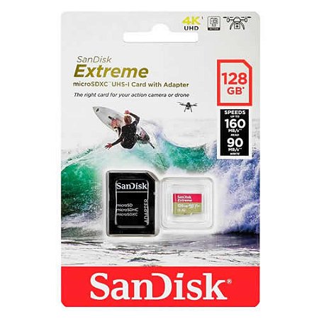 Cartão de Memória Sandisk Extreme 128GB Micro SD SD SDXC UHS-I U3 Action Cam C/ Adaptador - SDSQXAA-128G-GN6MA