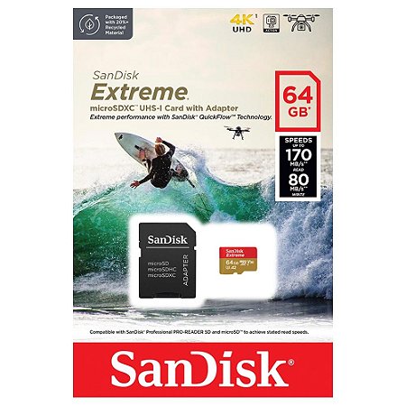 CARTAO DE MEMORIA SANDISK EXTREME 64GB MICRO SD SD SDXC UHS-I U3 ACTION CAM  C/ ADAPTADOR - SDSQXAH-064G-GN6AA