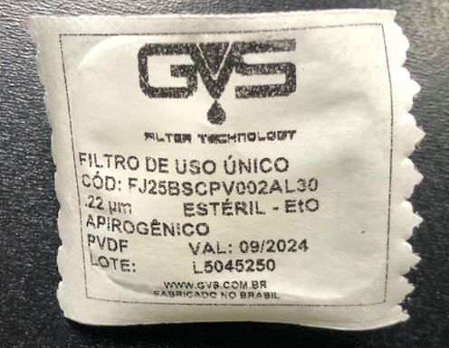 Filtro para Seringa, esteril, 30 mm x 0,22 micras, membrana  PVDF  , Emb Individual Marca GVS Validade 09/2024