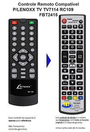 Controle Remoto Compatível Lenoxx LCD TV7114 RC109 FBT2415