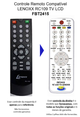 Controle Remoto Compatível Lenoxx LCD TV7114 RC109 FBT2415