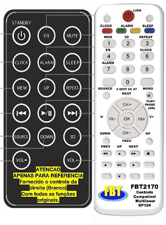 Controle Remoto Compatível com caixa amp Multilaser Sp 124 FBT2170