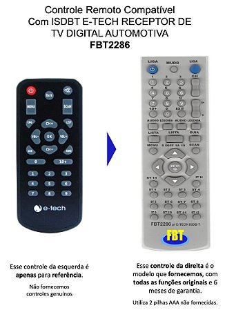 Controle Remoto Compatível TV Digital Automotiva E-TECH ISDBT FBT2286