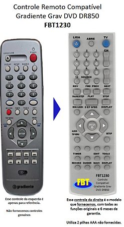 Controle Remoto Compatível Gravador Gradiente DVD DR850 FBT1230